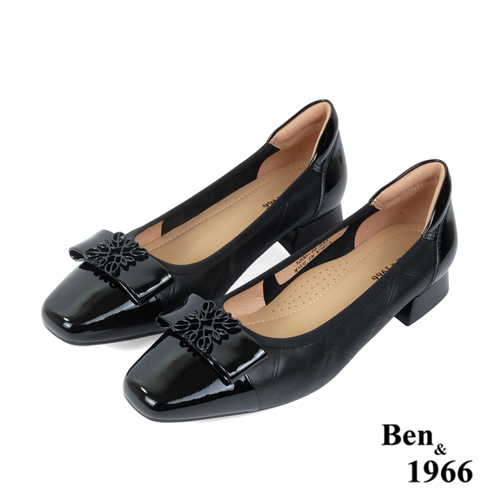 Ben&1966高級頭層牛皮方頭簡約低跟鞋-黑(238021)