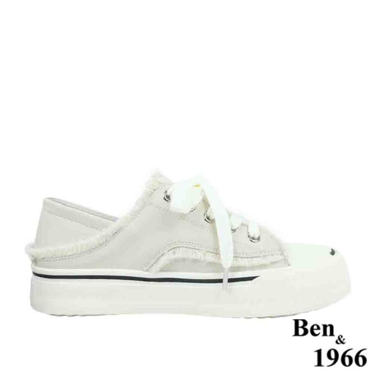 Ben&1966高級絲綢羊皮可愛鬚鬚綁帶厚底休閒鞋-米白(238112)