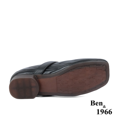 Ben&1966高級柔軟羊皮方頭舒適格紋低跟瑪莉珍鞋-黑(238031)