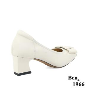 Ben&1966高級絲綢牛皮拼接漆皮粗跟鞋-米白(238062)