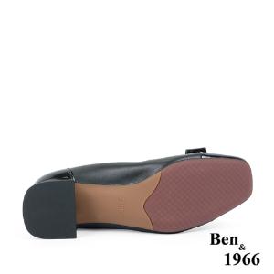 Ben&1966高級頭層牛皮大方金屬釦方頭粗跟鞋-黑(238051)
