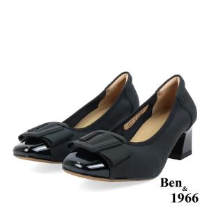 Ben&1966高級絲綢牛皮拼接漆皮粗跟鞋-黑(238061)