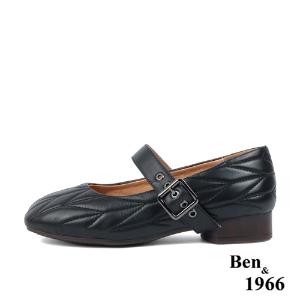 Ben&1966高級柔軟羊皮方頭舒適格紋低跟瑪莉珍鞋-黑(238031)
