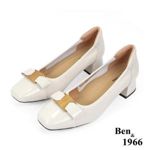 Ben&1966高級頭層牛皮大方金屬釦方頭粗跟鞋-米白(238052)