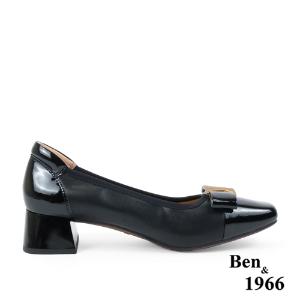 Ben&1966高級頭層牛皮大方金屬釦方頭粗跟鞋-黑(238051)