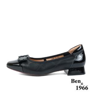 Ben&1966高級頭層牛皮方頭簡約低跟鞋-黑(238021)
