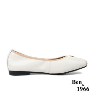 Ben&1966高級頭層牛皮方頭簡約撞色優雅包鞋-米白(238042)
