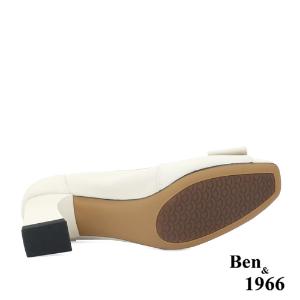 Ben&1966高級絲綢牛皮拼接漆皮粗跟鞋-米白(238062)