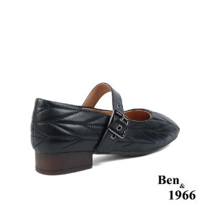 Ben&1966高級柔軟羊皮方頭舒適格紋低跟瑪莉珍鞋-黑(238031)