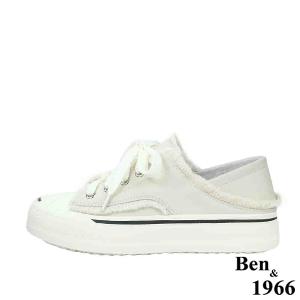 Ben&1966高級絲綢羊皮可愛鬚鬚綁帶厚底休閒鞋-米白(238112)