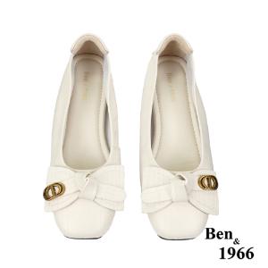 Ben&1966高級頭層牛皮氣質蝴蝶結方頭包鞋-米白(238182)