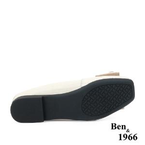 Ben&1966高級頭層牛皮氣質蝴蝶結方頭包鞋-米白(238182)