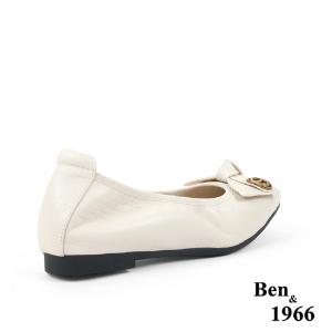 Ben&1966高級頭層牛皮氣質蝴蝶結方頭包鞋-米白(238182)