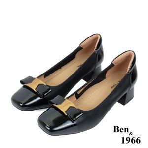 Ben&1966高級頭層牛皮大方金屬釦方頭粗跟鞋-黑(238051)