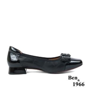 Ben&1966高級頭層牛皮方頭簡約低跟鞋-黑(238021)