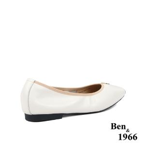 Ben&1966高級頭層牛皮方頭簡約撞色優雅包鞋-米白(238042)