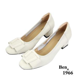 Ben&1966高級絲綢牛皮拼接漆皮粗跟鞋-米白(238062)