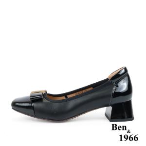 Ben&1966高級頭層牛皮大方金屬釦方頭粗跟鞋-黑(238051)