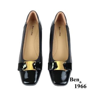 Ben&1966高級頭層牛皮大方金屬釦方頭粗跟鞋-黑(238051)