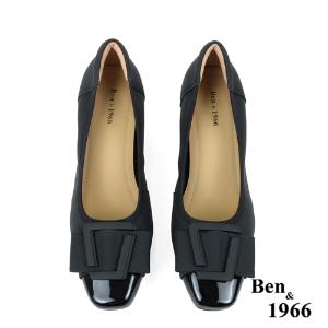 Ben&1966高級絲綢牛皮拼接漆皮粗跟鞋-黑(238061)