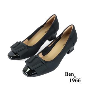 Ben&1966高級絲綢牛皮拼接漆皮粗跟鞋-黑(238061)
