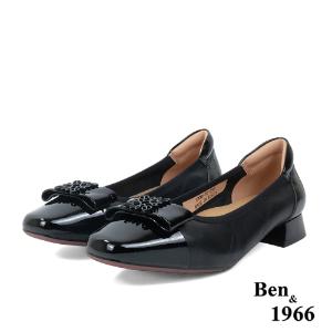 Ben&1966高級頭層牛皮方頭簡約低跟鞋-黑(238021)