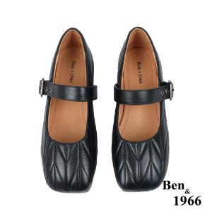 Ben&1966高級柔軟羊皮方頭舒適格紋低跟瑪莉珍鞋-黑(238031)