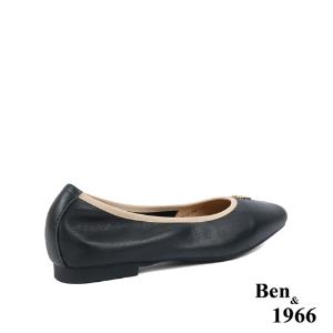 Ben&1966高級頭層牛皮方頭簡約撞色優雅包鞋-黑(238041)