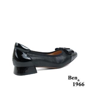 Ben&1966高級頭層牛皮方頭簡約低跟鞋-黑(238021)