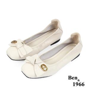 Ben&1966高級頭層牛皮氣質蝴蝶結方頭包鞋-米白(238182)