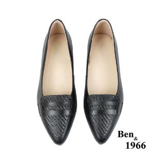 Ben&1966高級頭層牛皮尖頭質感編織包鞋-黑(238071)