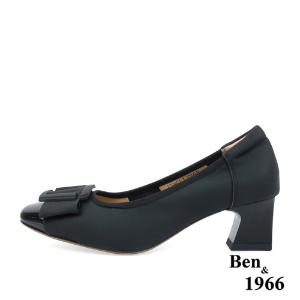 Ben&1966高級絲綢牛皮拼接漆皮粗跟鞋-黑(238061)