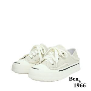 Ben&1966高級絲綢羊皮可愛鬚鬚綁帶厚底休閒鞋-米白(238112)