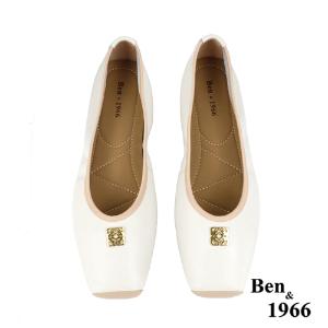 Ben&1966高級頭層牛皮方頭簡約撞色優雅包鞋-米白(238042)