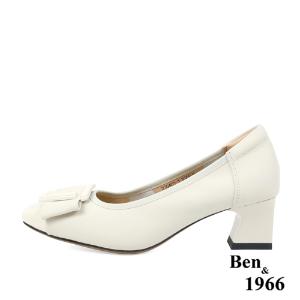 Ben&1966高級絲綢牛皮拼接漆皮粗跟鞋-米白(238062)