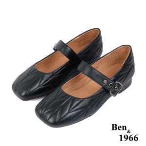 Ben&1966高級柔軟羊皮方頭舒適格紋低跟瑪莉珍鞋-黑(238031)