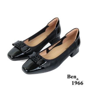 Ben&1966高級頭層牛皮方頭簡約低跟鞋-黑(238021)