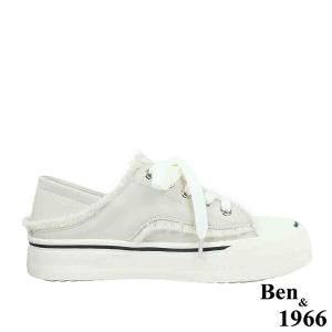 Ben&1966高級絲綢羊皮可愛鬚鬚綁帶厚底休閒鞋-米白(238112)