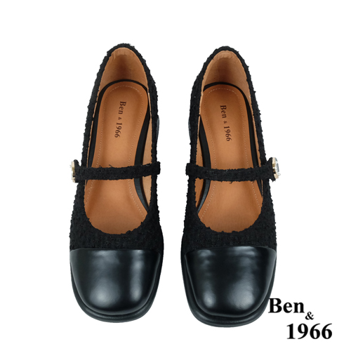 Ben&1966高級毛呢拼接牛皮氣質瑪莉珍鞋-黑(238221)
