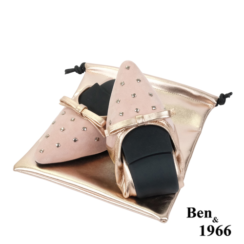 Ben&1966高級羊皮拼接金屬感優雅摺疊鞋-珊瑚粉(2380022)