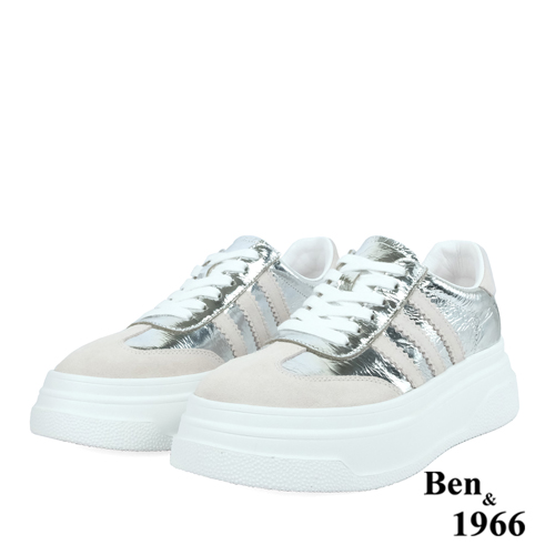 Ben&1966高級頭層牛皮閃亮時尚厚底休閒鞋-銀(238232)