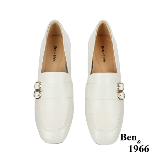 Ben&1966高級頭層牛皮氣質粗跟樂福鞋-米白(238282)