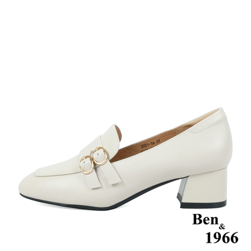 Ben&1966高級頭層牛皮氣質粗跟樂福鞋-米白(238282)