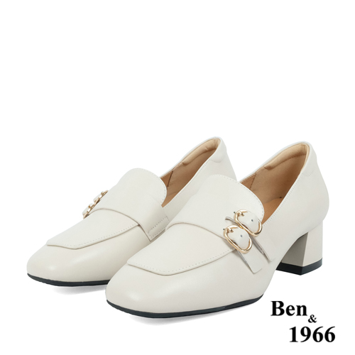 Ben&1966高級頭層牛皮氣質粗跟樂福鞋-米白(238282)