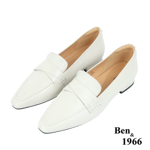 Ben&1966高級頭層牛皮尖頭低跟樂福鞋-米白(238272)