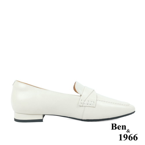 Ben&1966高級頭層牛皮尖頭低跟樂福鞋-米白(238272)