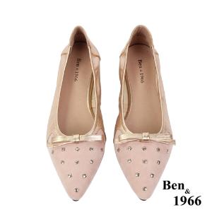 Ben&1966高級羊皮拼接金屬感優雅摺疊鞋-珊瑚粉(2380022)