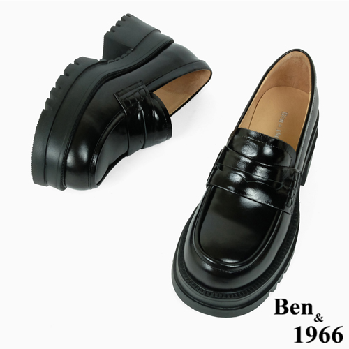 Ben&1966高級頭層牛油皮素面厚底樂福鞋-黑(246171)