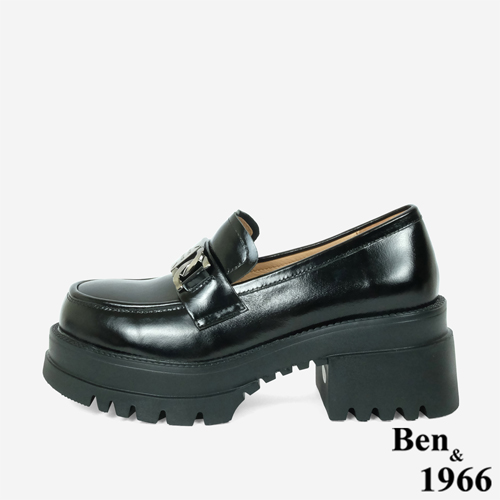 Ben&1966高級頭層牛油皮個性金屬釦厚底樂福鞋-黑(246161)
