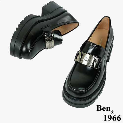 Ben&1966高級頭層牛油皮個性金屬釦厚底樂福鞋-黑(246161)